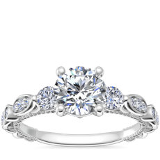 新款 14k 白金花卉橢圓鑽石大教堂訂婚戒指 （1/5 克拉總重量）